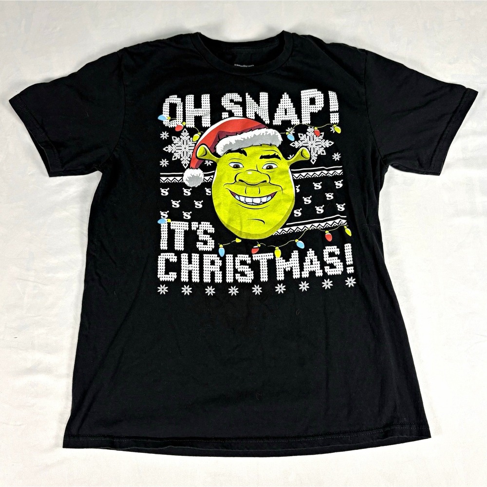 Shrek DreamWorks Mens M Black Christmas Graphic Print Crew Neck Short Sleeve Tee
